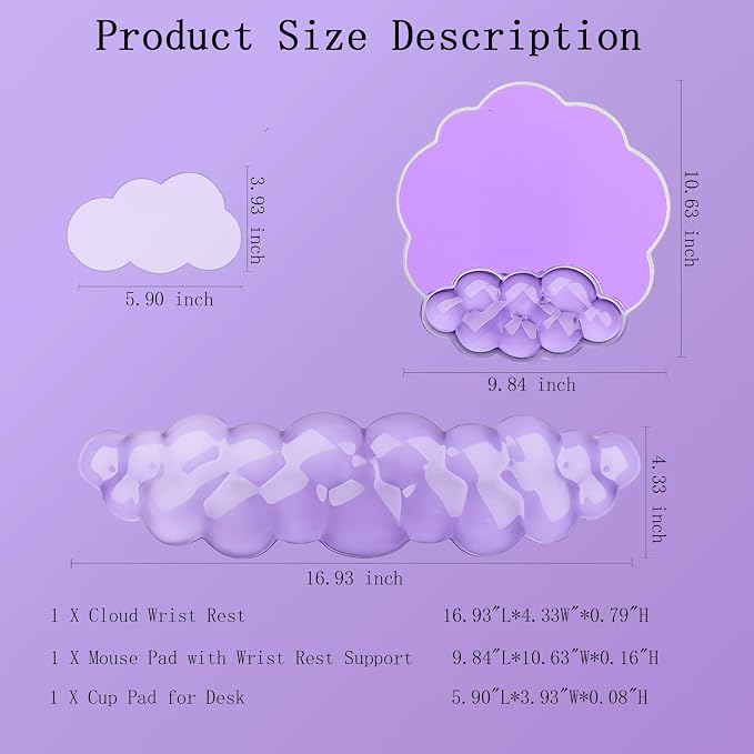 Gel Cloud Wrist Rest Keyboard Clear Purple Mouse Pad with Wrist Rest Set 3PCS Ergonomic Cool Keyboard Wrist Pad Cute Acrylic Coaster Non-Slip Base Cute Transparent Mouse Wrist Pad Support for Computer