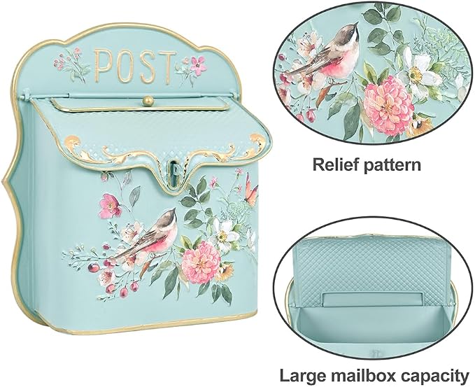 BIG FORTUNE Wall Mount Mailbox for House Outside Vintage Metal Door Mailbox Antique Style Nostalgic Charm Home Decor Garden Vintage English Cottage Decor Flower Patter (LightGreen)