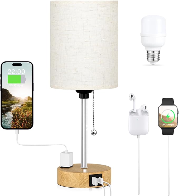 Small Bedside Table Lamp for Bedroom, Desk Lamp with USB Ports for Dorm | USB A+C Ports, AC Outlet, 3 Color Temperatures, LED Bulb Included, Linen-Fabric Shade, Wood Grain Base, 14" Night Stand Lamp