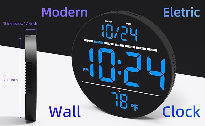 Digital Wall Clock with Large LED Display, Date, Temperature, Auto-Brightness | Small [PLUG-IN] Clock | Modern Electric Wall Clock for Bedroom, Classroom, Living Room, Home, Office, Farmhouse - Blue