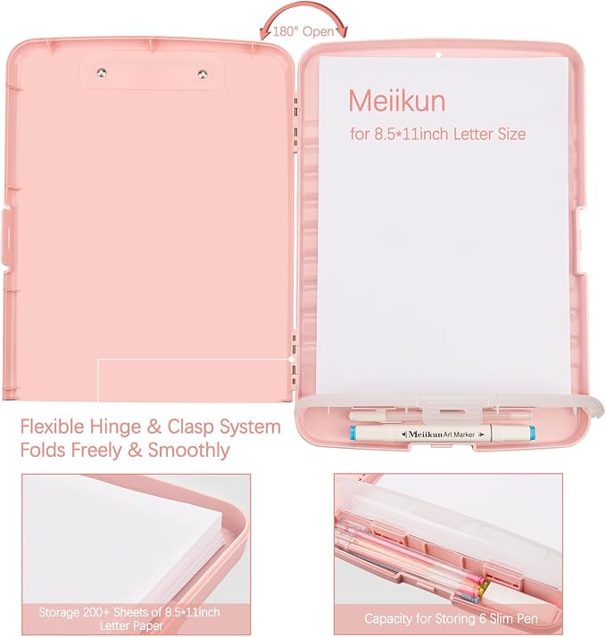 Meiikun Clipboard with Storage, Plastic Clipboards 8.5x11 with Pen Holder, High Capacity Nursing Clipboard Folder, Side Opening Storage Clip Board for Office Work Nurses Teachers (Light Pink)