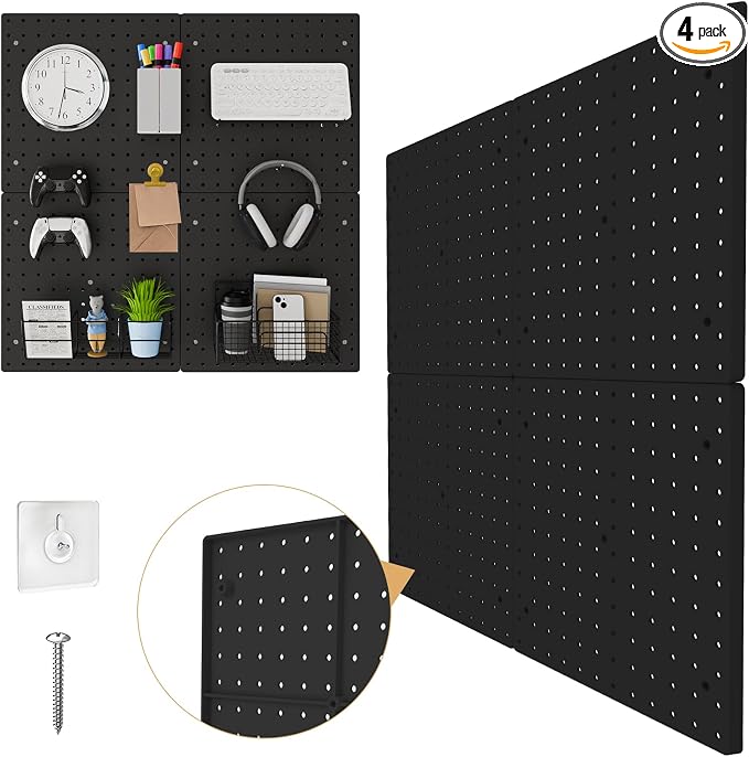 FZK Plastic Pegboard Wall Organizer Kit, 12x12, 4 Pack, Black | Durable ABS material, compatible with 1/4"and 1/8" pegboad accessories, includes adhesive or drill installation accessories