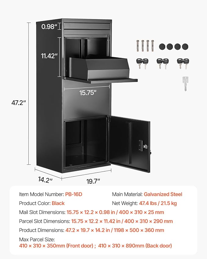 VEVOR Package Delivery Boxes for Outside, 47.2 in Mailbox for Parcel with Lock, Galvanized Steel Package Drop Box with Anti-Theft Design, Weather-Resistant Package Mailbox for Home and Office, Black