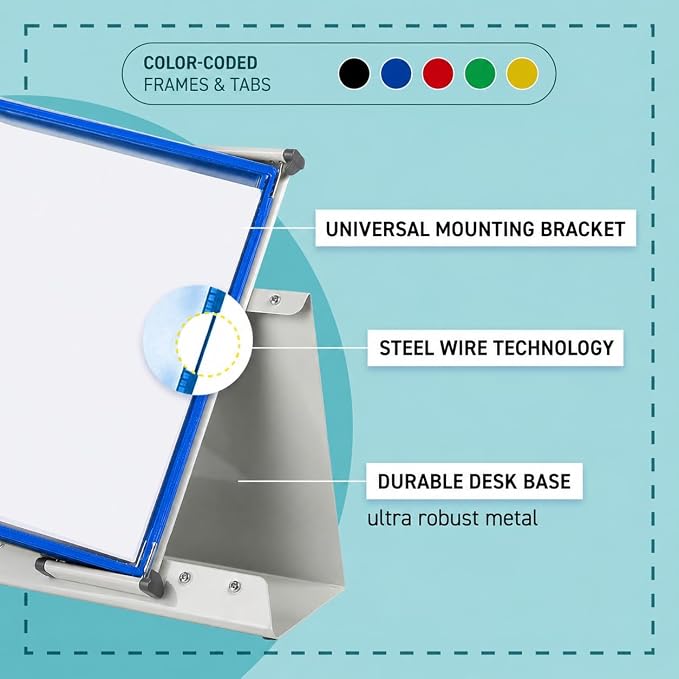 Tarifold Desktop Reference Display System, 30 Pockets, Expandable, Blue | 30 double-sided PVC pockets, holds 60 letter-size sheets, sturdy metal base, quick-find indexing, quick and easy to assemble