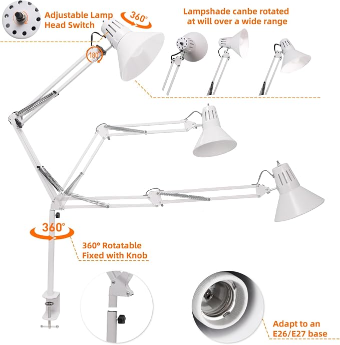 White Desk Lamp with Clamp, Extra-Tall Adjustable Metal Swing Arm, 3000K | Manicurist Table Lamp for Nail Work, Drafting, Sewing, Crafting, College Dorm and Home Office, A19 Bulb Included