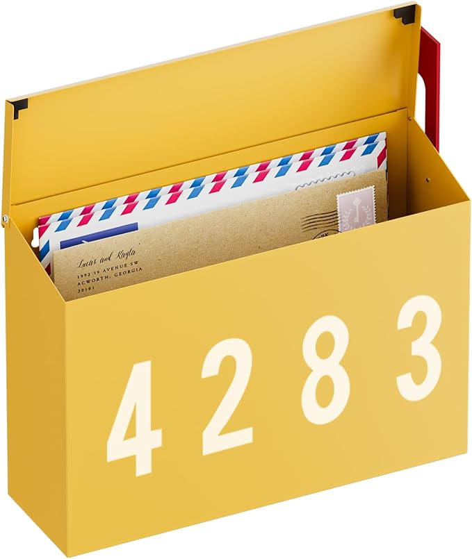 LAND·VOI Wall-Mount Mailbox with One Flag Kit and Three Sets of 0-9 Mailbox Number Stickers, Mailboxes for Outside, Galvanized Steel Rust-Proof Metal Post Box, 4.33" Dx14.2 Wx10.43 H, Yellow
