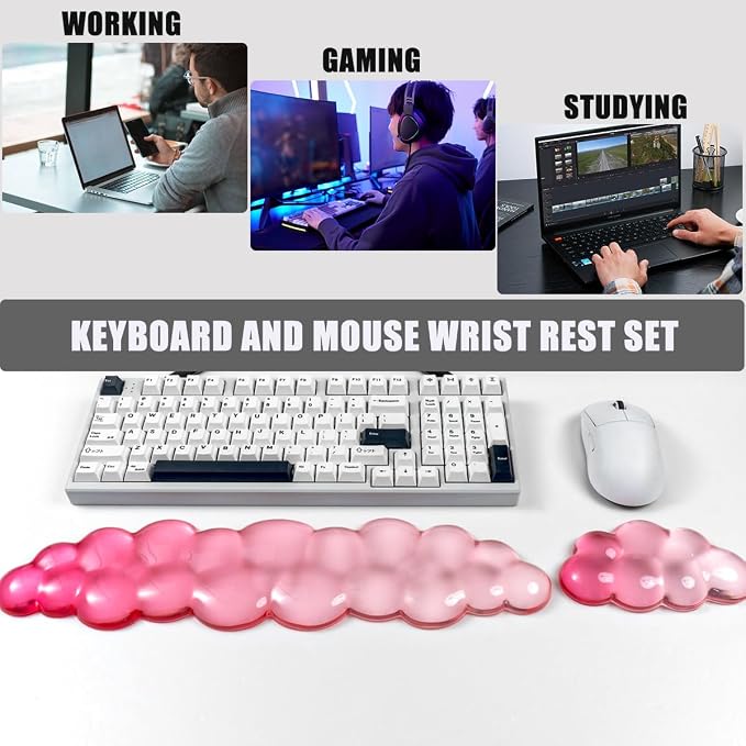 Ergonomic Cloud Silicone Gel Keyboard and Mouse Wrist Rest Set – Clear Wrist Rest for Computer Keyboard 60%/68%/75%, Comfort & Support for Typing and Gaming (White Pink)