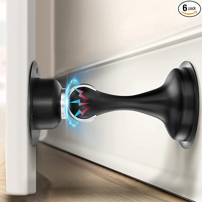 Door Stoppers Magnetic Door Catch - Stainless Steel Heavy Duty Door Holder Stops for Bottom Top of Door - Wall Floor Mounting No Drill 3D Adhesive & Screws Strong Magnet Keep Door Open 6 Pack