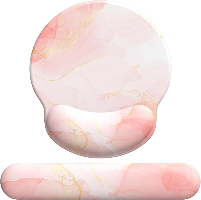 Mouse Pad Wrist Support, Ergonomic Memory Foam Keyboard Wrist Pad & Gel Wrist Rest Set for Computer Keyboard for Easy Typing & Pain Relief for Office & Home (Pink Marble)