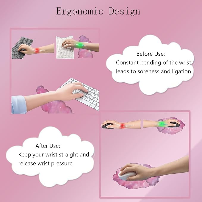 Cloud Keyboard Wrist Rest Galaxy Mouse Pad with Wrist Rest Ergonomic Space Wrist Pad Memory Foam Non-Slip Wrist Support for Computer Laptop Gaming Home Office Relief Typing Pain Pink Stars