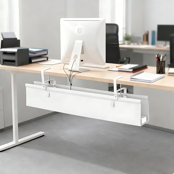 Oxford Cloth Under Desk Cable Management Tray,No-Drill 36" Desk Cable Management Organizer with Clip/Screw Installation,Fabric Cable Management for Home,Office & Gaming Computer(White)
