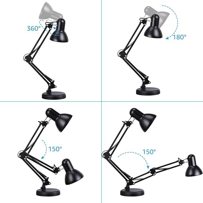 TORCHSTAR Metal Desk Lamp, Adjustable Swing Arm, E26, Black | Architect Gooseneck Multi-Joint Clip Table Lamp with Plastic Clamp, for Home Office, Work, Study, Reading, Bulbs not Included