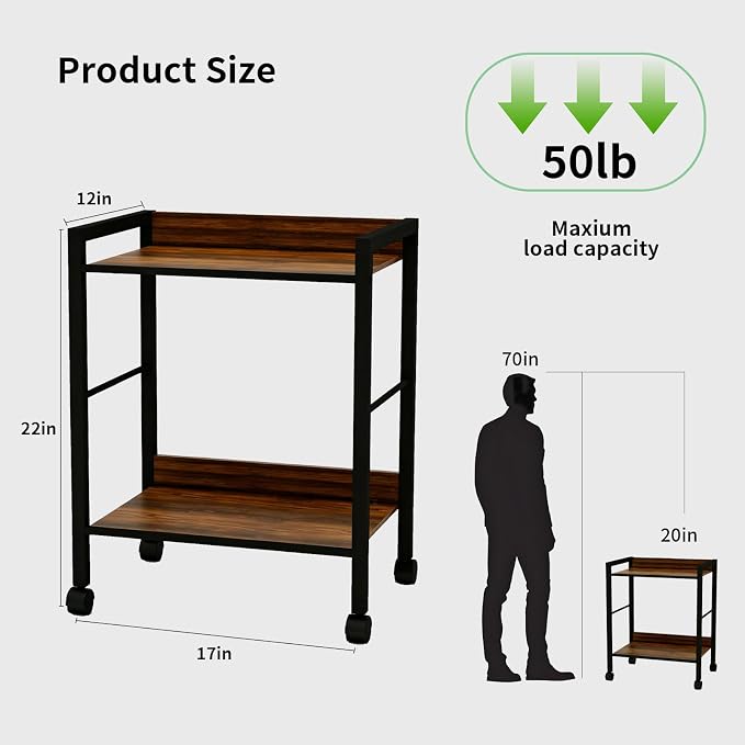 Small Rolling Printer Stand, 2-Tier Mobile Cart with Shelf for Home Office | Roll it beside your desk for printers, beside your sofa for coffee, or beside your bed for books. One cart, every room.