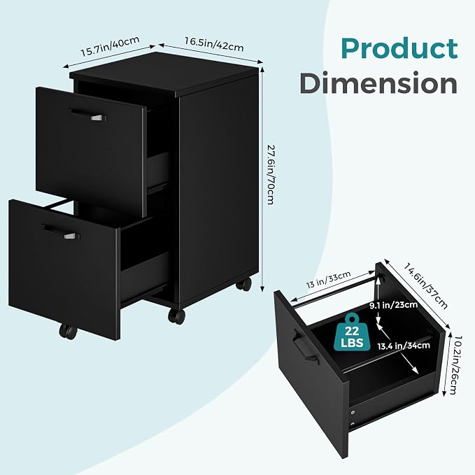 OLIXIS 2 Drawer File Cabinet, Printer Stand with Storage Cabinet | Wood Under Desk Storage Organization Holds Printer, Office Supplies, Not For Hanging Files, Fit Home Office Black