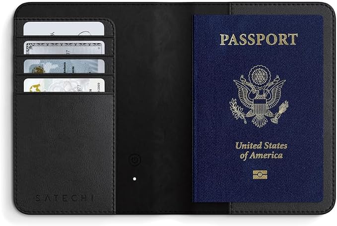 Satechi Passport Holder with Find My Tracking, 4-Slot Card Wallet, Black | 4-slot card wallet, wireless charging, RFID protection, vegan leather