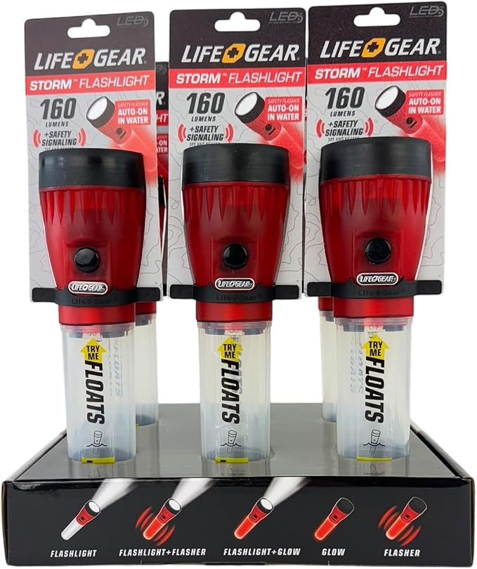 Life Gear LED Flashlight with Glow Handle, Emergency Flasher and Storage Compartment, RED,White/Red
