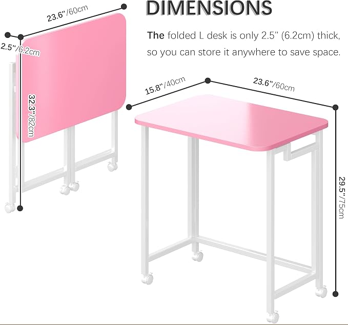 4NM 23.6" Mobile Small Rolling Computer Desk, Folding Laptop Cart Table with Wheels, Portable Office Desk for Small Space Couch Bed - Pink and White