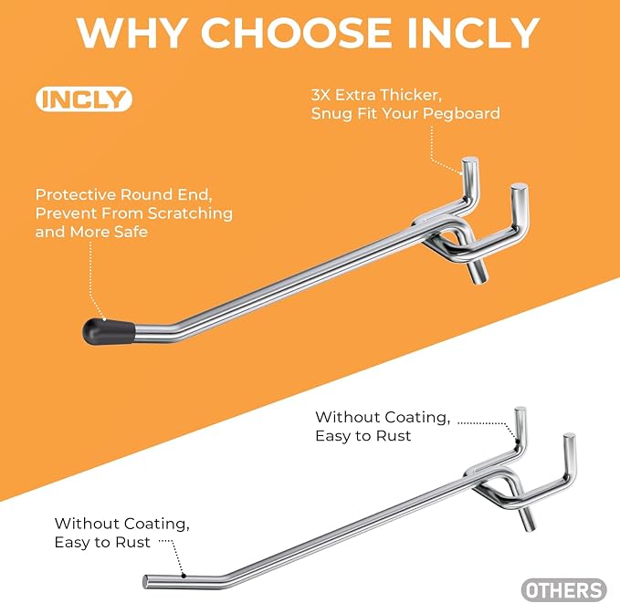 INCLY 50 Pack 4 Inch Pegboard Hooks with Rubber Tipped, 1/4" Heavy Duty | Peg Board Hooks Accessories,Peg Board Tool Hangers Fit 1/4" Pegboard, For Hanging Tools Garage, Craft Room, Kitchen, Store