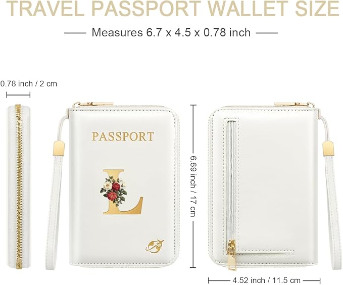 Passport Holder for Travel Personalized Wallet with Wristlet Women | All-in-One Passport Cover, RFID Blocking, Back Coin Pocket, Paper Money Slot, Zipper Closure, Roses Initial Letter, White L
