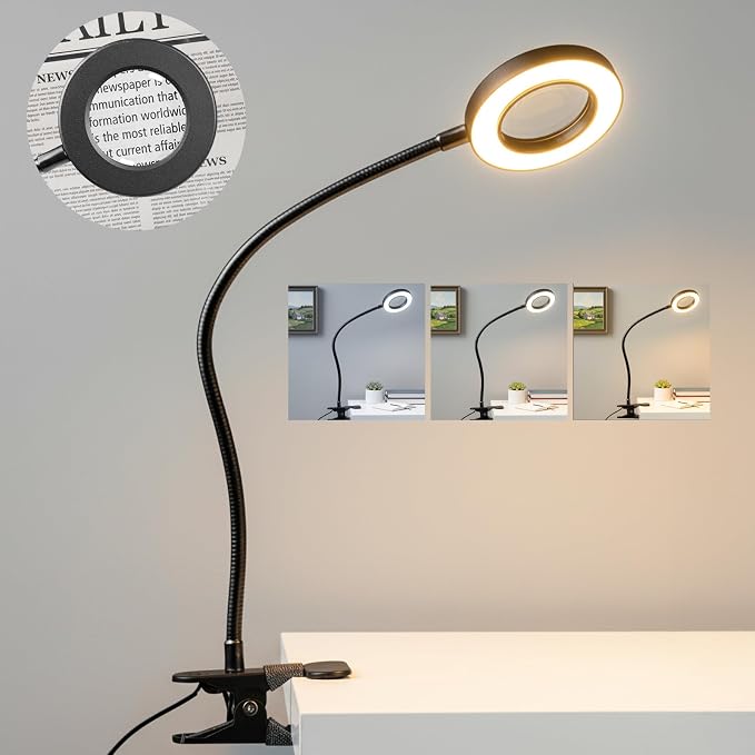 LALISU Clip on Lamp, 5X Magnifying Glass with Light LED Desk Lamp with Clamp Bright Clip Light for Bed Bedside Table, Adjustable Reading Light for Bed, Desk Lights (Black with Magnifying)