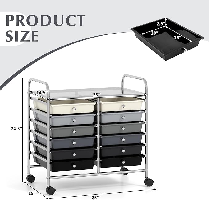 COSTWAY 12-Drawer Rolling Storage Cart, Utility Storage Organizer Cart | For Tools, Scrapbook, Paper, Craft, Multipurpose Art Supply Organizer on Wheels for Home Office School, Teacher, Mixed Black