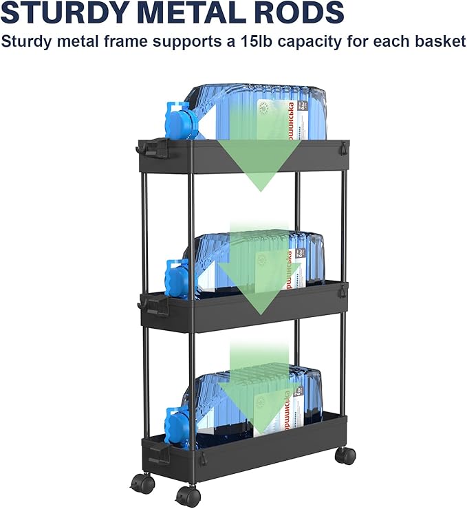 3 Tier Rolling Cart with Wheels, Storage Craft Art Trolley Organizer Serving, 3 Hanging Baskets Easy Assembly, for Office, Bathroom，Living Room, Kitchen, Black