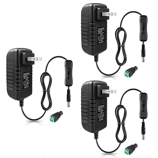 12V Power Supply, 12 Volt 3A 36W DC Power Supply with On Off Switch, Black Switching LED Power Adapter, AC 110V to 12V Transformer Plug for LED Strip Lights with 5.5/2.1 DC Female Connector, 3 Pack