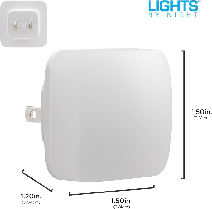 Lights by Night Mini Square LED Night Light, Plug in, Dusk to Dawn Sensor, Warm 3000K, Compact Single Outlet Design (Doesn’t Block 2nd Outlet), Ambient Lighting, Bedroom, Bathroom, 2 Pack, 82487