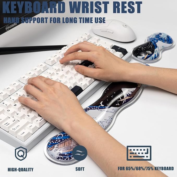 Ergonomic Silicone Gel Keyboard and Mouse Wrist Rest Set – Clear Wrist Rest for Computer Keyboard 60%/68%/75%, Comfort & Support for Typing and Gaming (Black Blue)