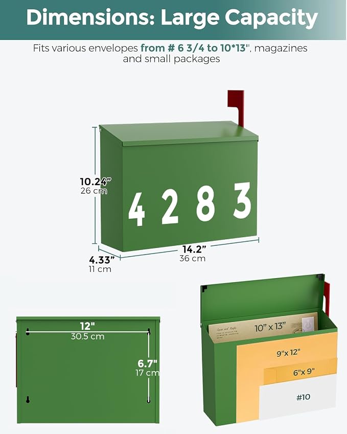 LAND·VOI Wall-Mount Mailbox with One Flag Kit and Three Sets of 0-9 Mailbox Number Stickers, Mailboxes for Outside, Galvanized Steel Rust-Proof Metal Post Box, 4.33" Dx14.2 Wx10.43 H, Green