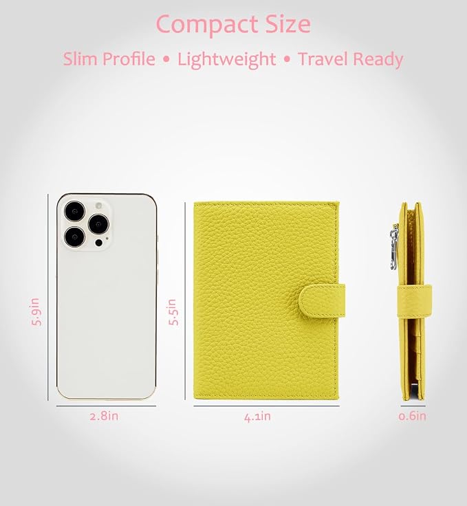 RFID Blocking Travel Wallet for Women, Leather Passport Holder | Slim Passport Holder for Travel Womens with Card Slots, Coin Pocket, Gift Box, Genuine Leather Passport Cover Lemon Yellow