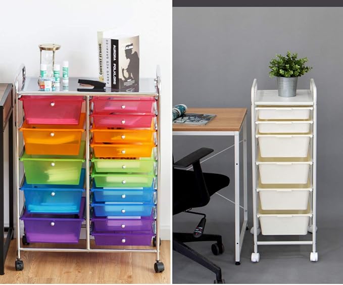 RELAX4LIFE 15 Drawer Rolling Storage Cart, Mobile Drawer Carts for Craft Art Supply Paper Salon, Utility Cart on Wheels for Classroom Teacher School Office, Rolling Cart with Drawers (Color)