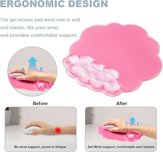 Pink Cloud Gel Wrist Rest for Keyboard and Mouse, Ergonomic Mouse Pad with Wrist Support Non-Slip Base for Typing Pain Relief/Computer/Laptop/Gaming/Home/Office (Cloud Shape, Pink)