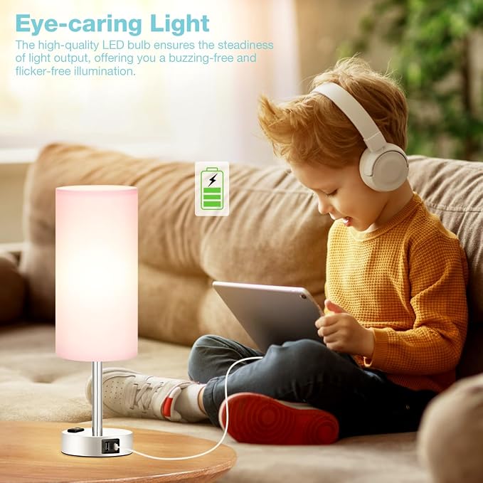 Pink Lamp for Bedroom Nightstand - 3 Way Dimmable Touch Table Lamp USB C Charging Ports, Small Lamp with AC Outlet for Desk Girls Room, LED Bulb Included