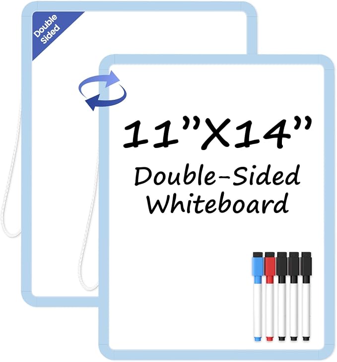 Small Wall White Board, 11" x 14" Mini Double-Sided Magnetic Dry Erase Board with Plastic Frame, Hanging Whiteboard with 5 Markers for Kids Students School Kitchen Home & Office, Blue