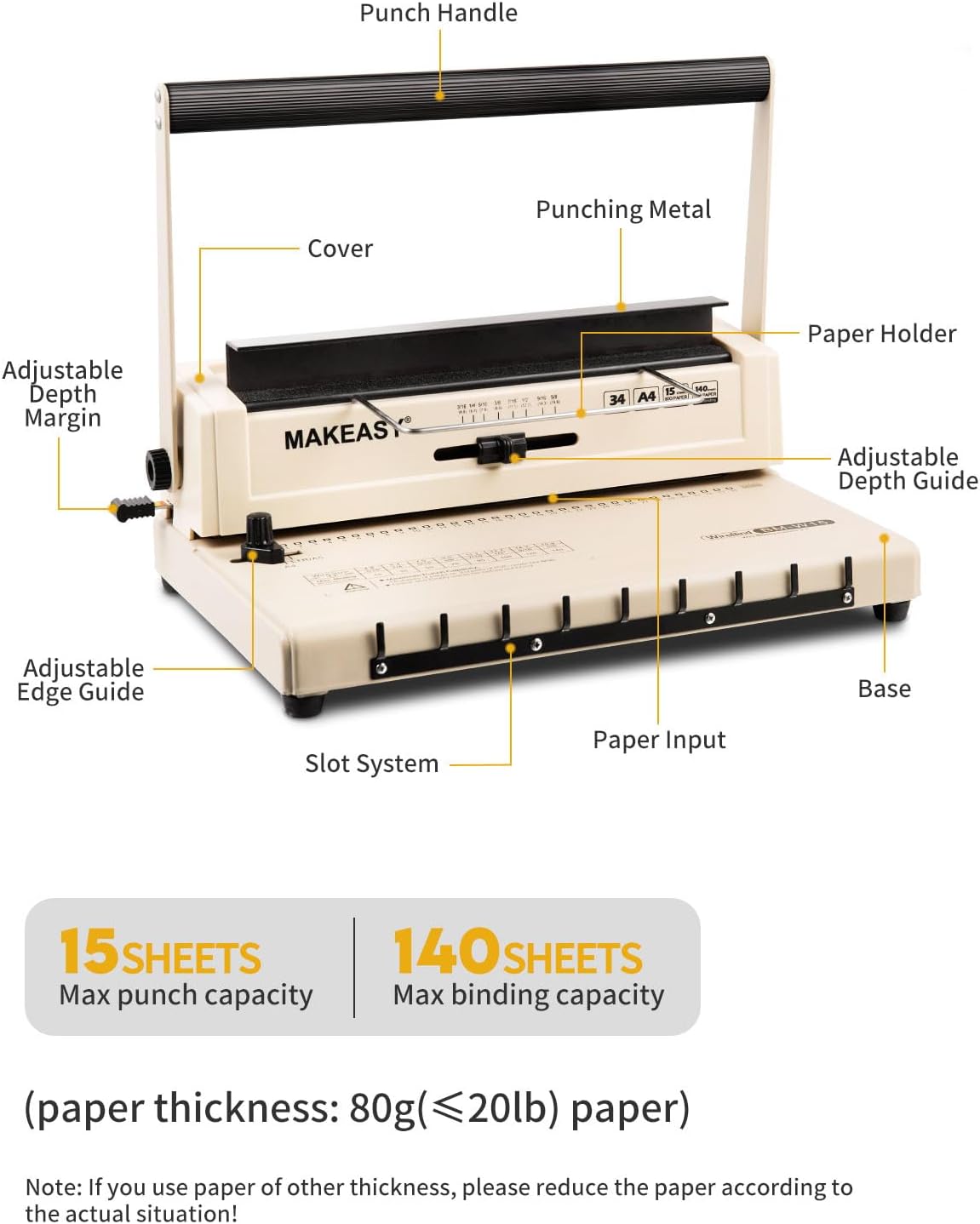 MAKEASY Binding Machine - Wire Binding Machine, 34 Hole, 15 Sheets Punch Capacity, Metal Book Maker Machine with 1 Box Wire Spines & Ring Opener