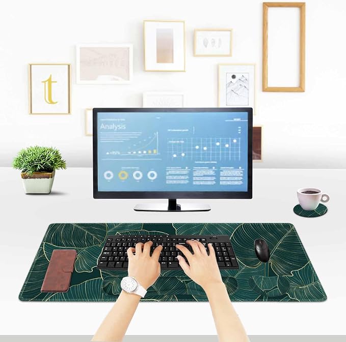 ToLuLu Extended Gaming Mouse Pad, Ergonomic Keyboard Mouse Wrist Rest Set | Large Desk Mat with Stitched Edges, Non-Slip Base Memory Foam Mousepad Support for Home Office Game, Green Golden Leaves