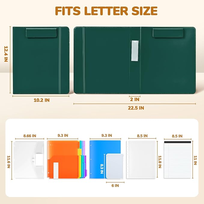 JoyCat 3 Ring Binder Clipboard with Storage, 5 Folders, Dark Green | 3 ring clipboard portfolio combines five expandable folders, a refillable letter-size notepad and storage