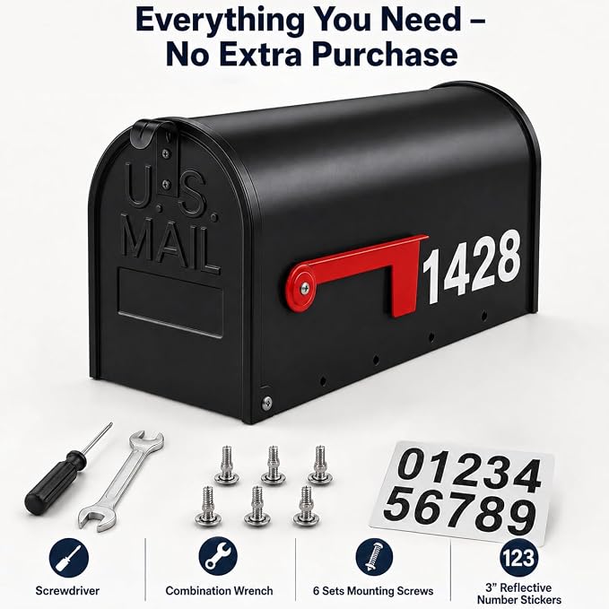 Mailbox for Outside,Metal Post Mount Outdoor MailBoxes - with Tools,Screws,Number Stickers,Red Flag Indicated,Medium Capacity,Galvanized Steel,Waterproof Mail Box for House Outside,20 x 8.7 x 6.7 ”