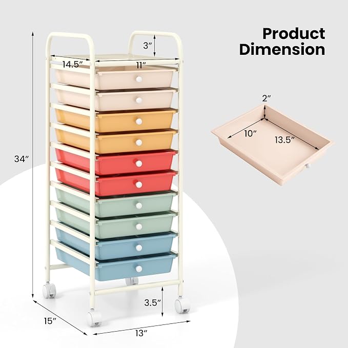 COSTWAY 10-Drawer Rolling Storage Cart, Utility Mobile Trolley | Removable Drawers & Universal Casters & 2 Brakes, Versatile Flexible Drawer Organizer Cart for Home, Office (Macaron)
