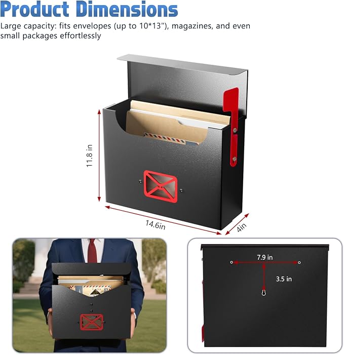 Steel Wall-Mount Mailbox for House,Rust-Proof Metal Mail Boxex, Large Capacity Post Box,Mailboxes for Outside(Rectangle No Lock)