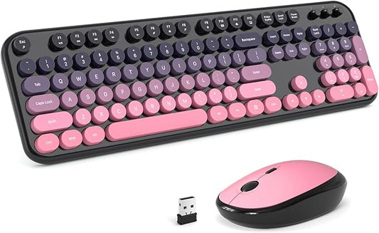 MOFII Wireless Keyboard and Mouse Combo, Full Size 2.4G Retro Round Computer Keyboard and Mouse Set, Plug and Play, for Windows, Computer, Desktop, PC, Notebook - (Lovely Plum Pink Gradient)