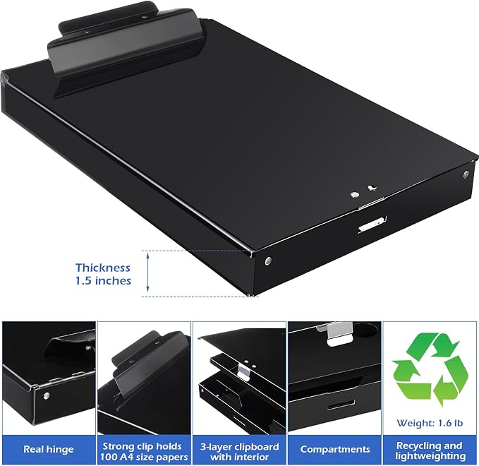 1 Pieces Metal Storage Clipboard Letter Size Heavy Duty Aluminum Clip Board 14'' x 9.06'' x 2.95'' Contractor Clipboard Dual Storage Form Holder Paper Holder with High Capacity Clip
