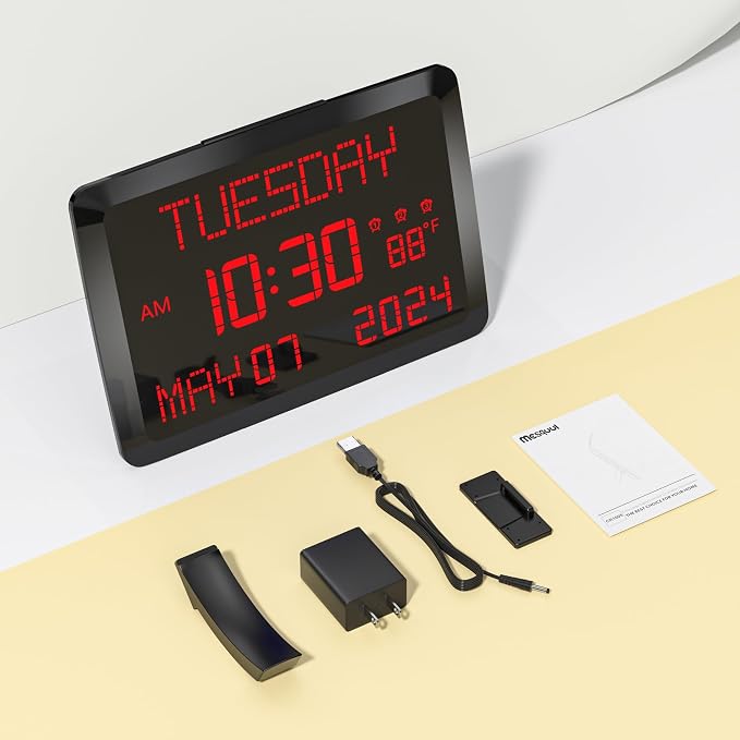 11.5” Extra Large Digital Wall Clock with Date and Day of Week , Electric Desk Clock for Seniors, Large Display Alarm Clock for Bedroom with Battery Backup, 5 Dimmer, 2 USB Ports, Indoor Temp, 12/24H