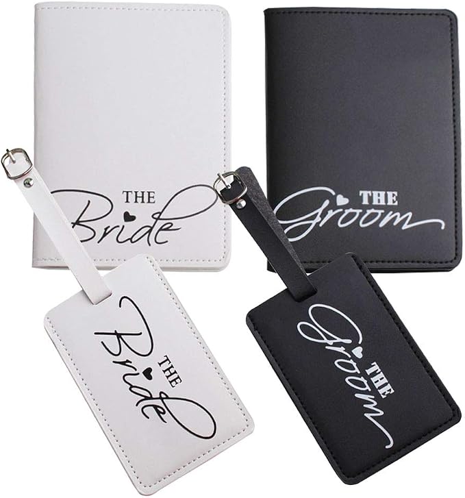 2 Pcs Bride and groom luggage tags + 2 Pcs passport cover, couple passport holder for honeymoon Wedding Bridal Shower Gift