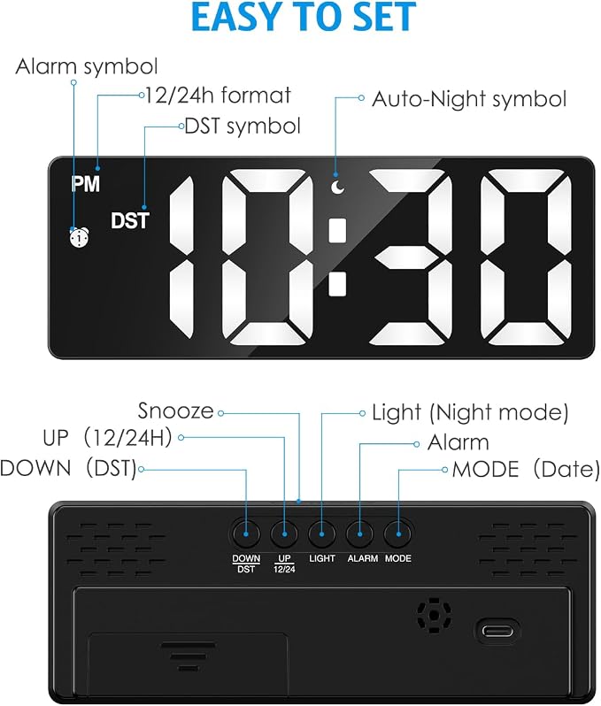 AMIR Digital Alarm Clock, LED Clock for Bedroom, Electronic Desk Clock with Type-C Port Adjustable Brightness DST Snooze 12/24H Display for Home Office