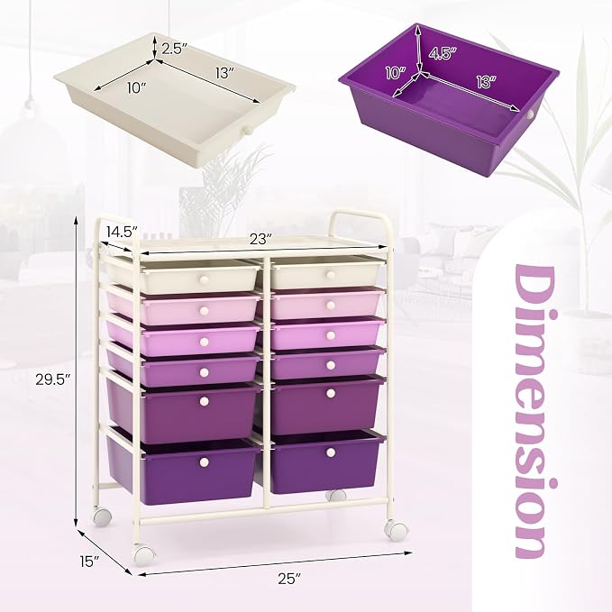 12 Drawer Rolling Storage Cart, Craft Cart Organizer on Wheels with Metal Frame, Large Capacity & Smooth Drawers for Living Room, Classroom, Office (Gradient Purple)