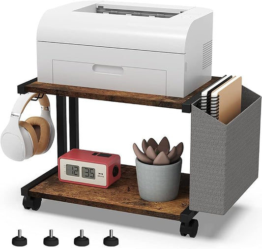 VEDECASA 2 Tier Rustic Brown Wooden Under Desk Printer Stand with Storage Bag for Home Office Desktop Printer Table Organizer Mobile Printer Shelf Cart with Caster Wheel
