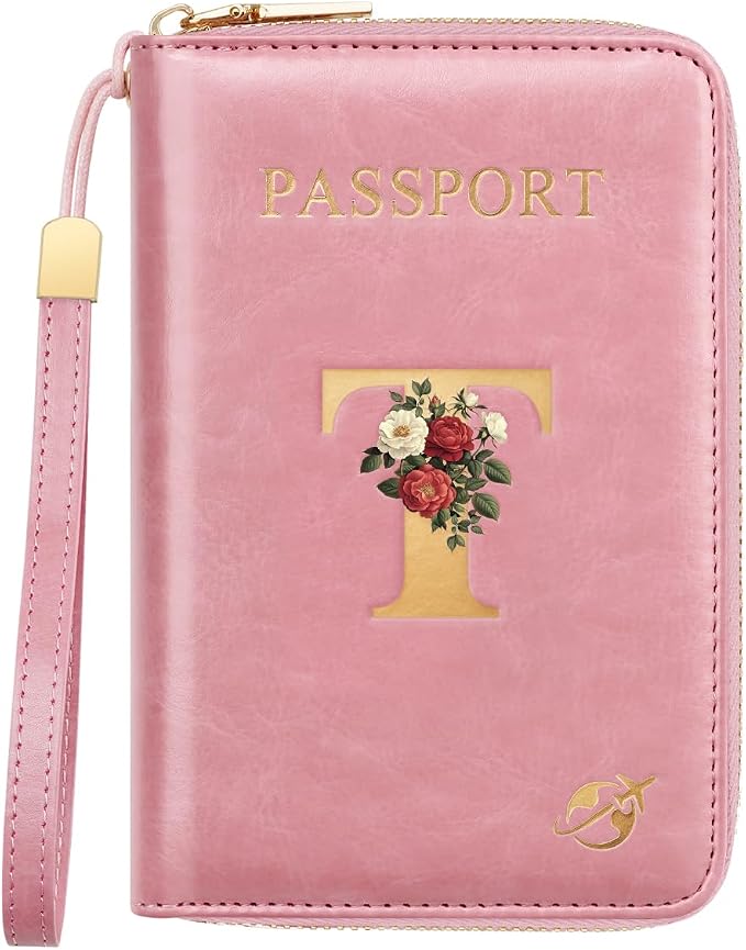 Passport Holder for Travel Personalized Wallet with Wristlet Women | All-in-One Passport Cover, RFID Blocking, Back Coin Pocket, Paper Money Slot, Zipper Closure, Roses Initial Letter, Pink T