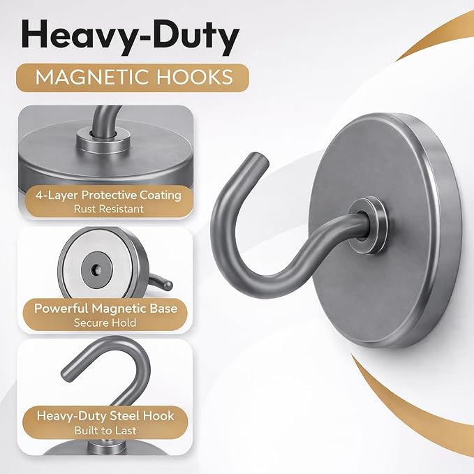 Neosmuk Magnetic Hooks, Heavy Duty 130lb+ Strong Magnet Hook for Cruise Cabins, Cruise Essentials 2026 for Hanging, Metal Wall Refrigerator Hangers (Grey, 10 Pack)